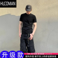 HLCOMAN黑色收袖口短袖t恤男夏季cleanfit修身上衣小领口健身五分袖