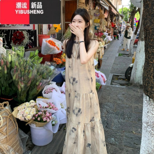 YIBUSHENG法式碎花挂脖连衣裙女露肩蝴蝶结气质茶歇裙子宽松显瘦a字长裙