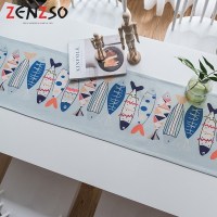 家柏饰(CORATED)北欧S风棉麻布艺茶几电视柜长条客厅餐厅餐桌布盖巾桌旗 蓝灰底彩色鱼 定制每米价格