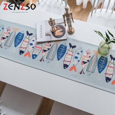 家柏饰(CORATED)北欧S风棉麻布艺茶几电视柜长条客厅餐厅餐桌布盖巾桌旗 蓝灰底彩色鱼 定制每米价格