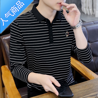 喻娄条纹翻领长袖t恤男士秋季polo衫青年打底衫秋衣体恤带领上衣T恤