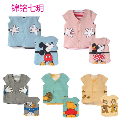 锦铭七玥日单外贸童装秋冬新款纯棉前开扣双层保暖坎肩空气层卡通无袖马甲