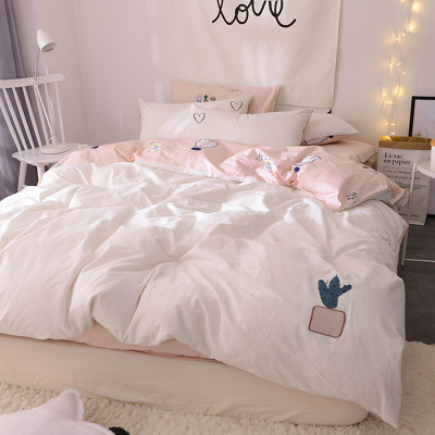 A水洗棉B全棉四件套刺绣纯棉1.8m床上用品单人床三件套床单被套