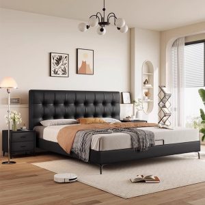 欧梵森 床 现代简约双人床真皮床1.8米家用储物主卧床实木床1.8米现代简约大床卧室家具极简皮艺床储物软包婚床 单床【多色可选详询客服】 1.5米*2米框架结构