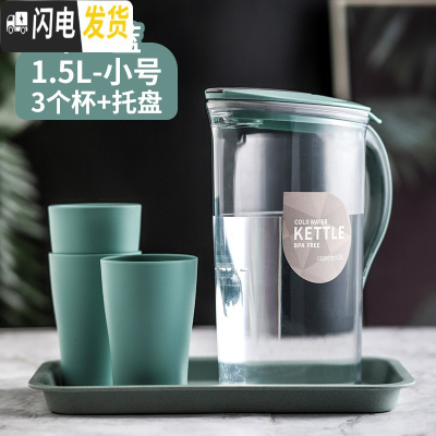 三维工匠大容量塑料凉水壶可高温家用果汁扎壶冷水壶泡茶壶带刻度喝水套装 米亚蓝1.5--3个杯+托盘