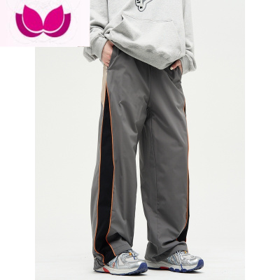 七斓美式复古拼接条纹休闲裤男宽松直筒运动裤子春季新款ins高街潮