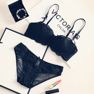 Ideamini半杯蕾丝内衣套装少女性感诱惑聚拢薄款文胸上托小胸罩本命年成套文胸套装