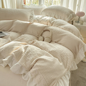 A类全消光牛奶绒花边款四件套ins奶油风冬季保暖加厚双面绒珊瑚绒