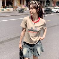 [2.5折价55元]唐狮夏季女圆领撞边前胸动物图案短款短袖T恤休闲百搭减龄