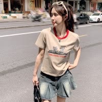 [2.5折价55元]唐狮夏季女圆领撞边前胸动物图案短款短袖T恤休闲百搭减龄