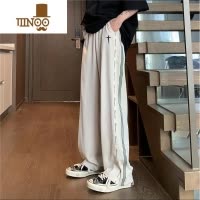 YANXU夏季直筒拖地裤子情侣款美式高街透气休闲阔腿条纹冰丝垂感运动裤