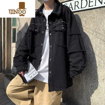 YANXU国潮牌金属朋克设计感黑色牛仔外套男高街痞帅宽松毛边夹克