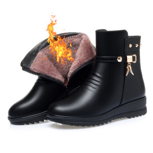 妈妈靴子女冬季平底短靴舒适棉鞋加绒保暖皮鞋棉靴中年中老年女鞋