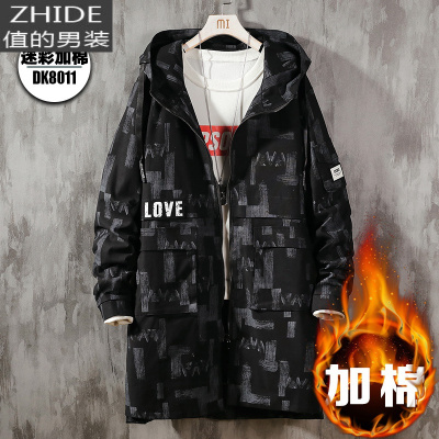 SUNTEK风衣外套男中长款秋冬季韩版潮流连帽迷彩宽松大码帅气休闲加绒胖风衣