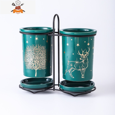 筷子篓厨房筷子筒快子桶置物架家用陶瓷筷子笼托餐具收纳盒沥水架 敬平 提手-树+麋鹿(双筒)餐具架