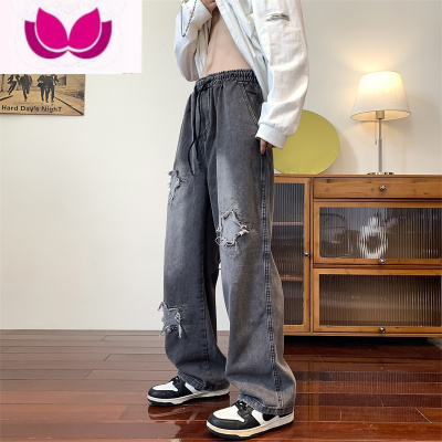 七斓港风做旧牛仔裤男美式高街裤子潮牌ins痞帅宽松直筒阔腿裤