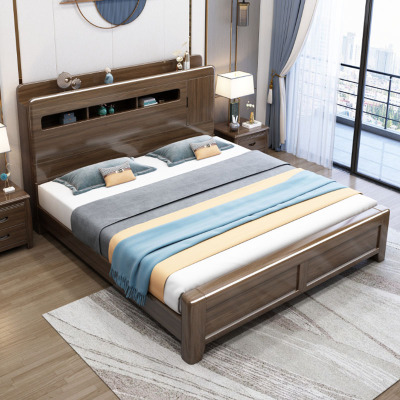 欧梵森 新中式胡桃木床实木床双人床1.8米床1.5m床现代简约卧室主卧大床轻奢气压储物高箱现代婚床实木家具床