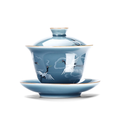 领艺日式盖碗茶杯大号家用三才茶碗单个景德镇手绘风格功夫茶具陶瓷泡茶器仙鹤盖碗