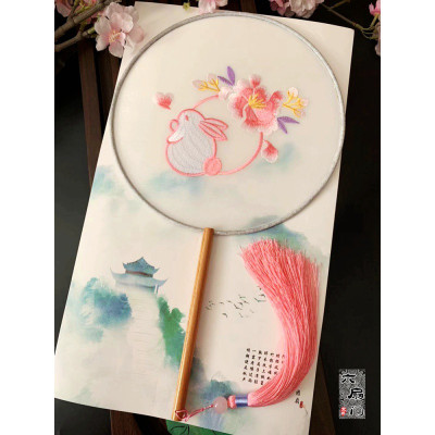 古风扇扇机绣花旗袍圆扇半透明刺绣古典女舞汉服仙鹤锦鲤团扇三维工匠窗影斑驳