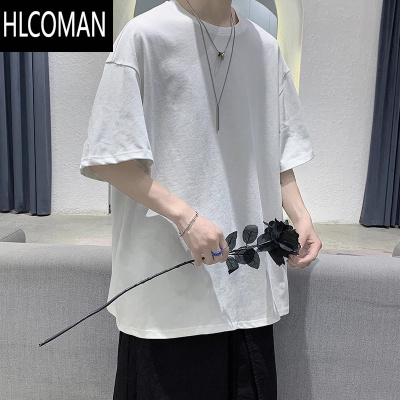 HLCOMAN短袖男潮牌简约百搭ins宽松港风t恤打底衫半袖夏季纯色体恤五分袖