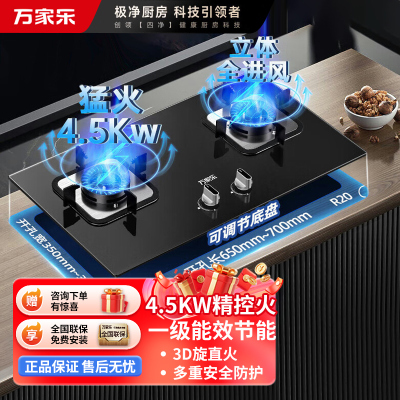 万家乐 钢化玻璃燃气灶炉具双眼灶 家式嵌入式两用灶具4.5KW一级能效天然气 家用双灶台LAY3