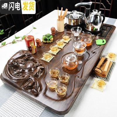 三维工匠功夫茶具套装简约家用整套陶瓷茶杯茶海全自动茶台茶道实木茶盘 19立体佛+玻璃+黑色送桶