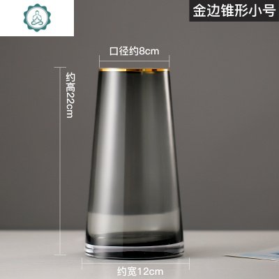 北欧轻奢描金透明玻璃花瓶摆件客厅简约餐桌面装饰品水培插养花器封后透明色金边锥形矮款