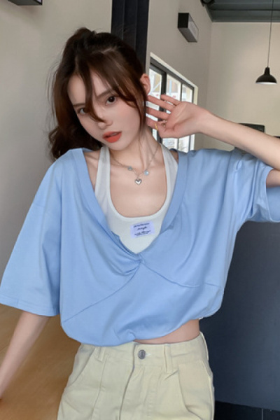 ins拼色假两件露肩泡泡袖短款上衣女夏装小众设计感套头洋气T恤女