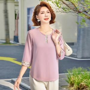 中老年夏季上衣时尚七分袖T恤衫洋气妈妈装雪纺套头衣服中年女装