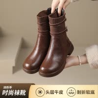 秋冬季厚底针织靴软底加绒短真皮袜子靴复古风大码瘦瘦马丁靴