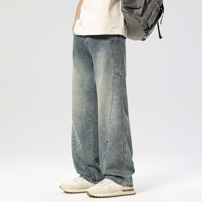男士大贴袋牛仔裤浅蓝做旧水洗宽松直筒源头拖地长裤