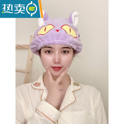 敬平干发帽女吸水速干洗头包头发毛巾包头巾可爱卡通2022新款浴帽 紫小猫干发帽