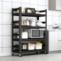 置物架不锈碳钢货架层架厨房收纳架落地多层微波炉架子家用储物架 四层120高带围栏带轮子 长70宽40