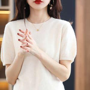 2026春款针织衫女T恤毛衣女中短袖V领女打底衫羊毛绒衫批