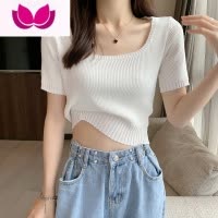 七斓白色冰丝针织衫短袖t恤女夏薄款修身设计感小众短款方领锁骨上衣