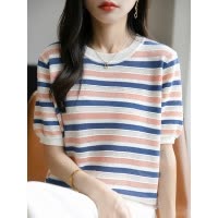 夏季冰丝镂空短袖女圆领彩色条纹针织T恤宽松显瘦亚麻半袖上衣薄