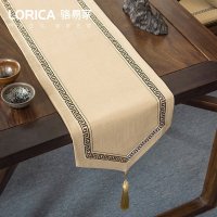 美式桌旗新中式禅意茶旗布现代简约茶几餐桌北欧电视柜布床旗定制 福延年-米黄(尖角款) 33*390cm