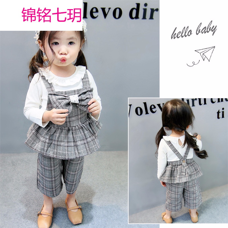 锦铭七玥女童套装春装0-3岁女婴儿蝴蝶结格子七分裤三件套一件代发