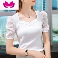 七斓冰丝螺纹t恤女2023新款夏季女装v领短袖体恤法式宫廷风泡泡袖上衣