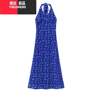 YIBUSHENG露背碎花挂脖连衣裙女季新款法式气质收腰显瘦小众长裙子潮chic