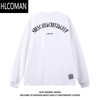 HLCOMAN美式潮牌男长袖t恤宽松黑色圆领上衣港风青少年休闲内搭打底衫男
