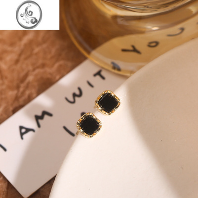 JiMi黑色方形迷你耳钉女银银养耳洞睡觉不用摘耳环小巧气质高级感耳饰