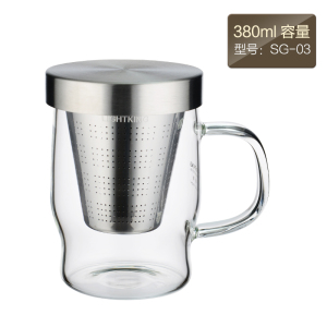 KAMJOVE/金灶明尊 玻璃茶杯办公室个人杯高硼硅玻璃杯带把手花茶杯食品级304不锈钢过滤耐热泡茶杯家用水杯茶具养生杯