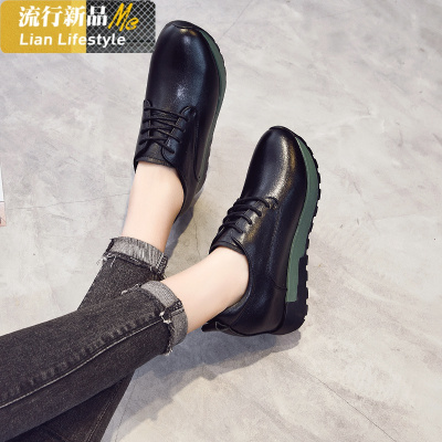 内增高女鞋2020新款春秋真皮休闲鞋黑色平底系带百搭牛皮运动单鞋知义(ZHIYI)休闲鞋