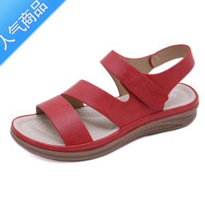 SUNTEK欧美优雅配裙子女凉鞋大码41魔术贴坡跟鞋红色海边度假舒适沙滩鞋