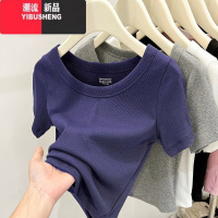 YIBUSHENG螺纹短袖t恤女季2024新款时髦时尚露锁骨小众修身短款上衣