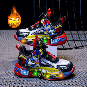 男童运动鞋秋冬新款皮面儿童鞋子加棉保暖带灯宝宝男孩发光鞋