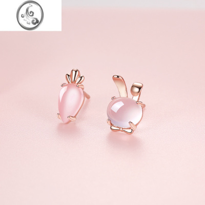 JiMi999银银小兔子本命年粉水晶耳钉女养耳洞小众设计兔红色耳环耳饰