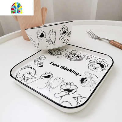 SHˇ网红陶瓷碗网红盘子创意餐具汤碗带勺可爱少女心ins北欧 FENGHOU 一家人碗(直径14CM)