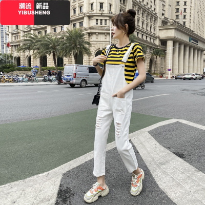 YIBUSHENG白色牛仔背带裤女夏季韩版宽松破洞九分吊带裤学生显瘦减龄连体裤牛仔裤